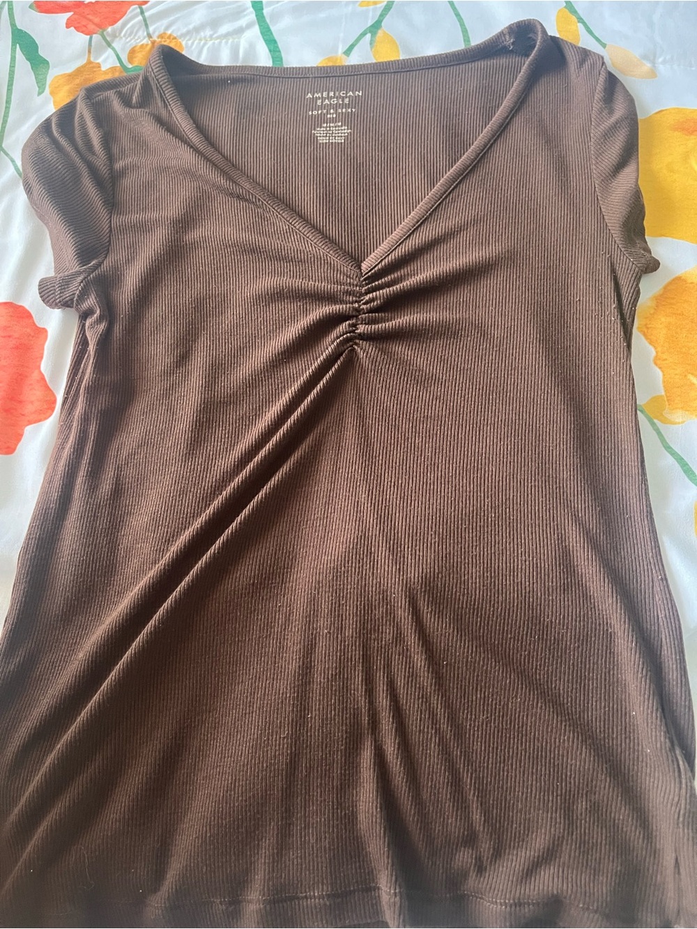 American Eagle Outfitters Chocolate Brown Ribbed V-Neck Ruched Short Sleeve Top